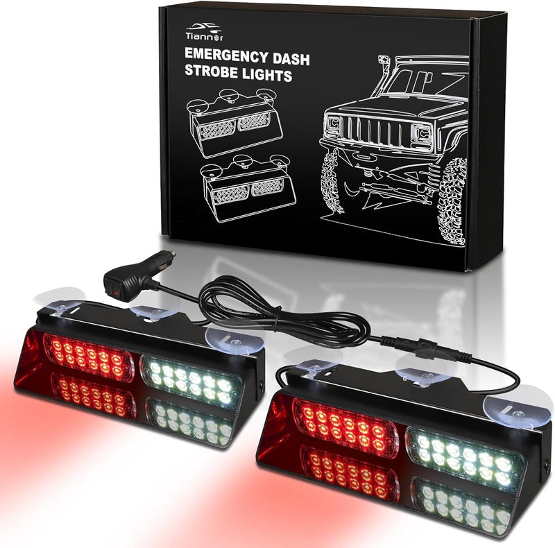 Tiannor Emergency Dash Strobe Lights,Red White Safety Flashing Warning Hazard Windshield Visor Light Bars,Traffic Advisor Light Bar for Volunteer Firefighter Vehicles, Trucks Cars(2x9 inch, 48LEDs) - Image 1